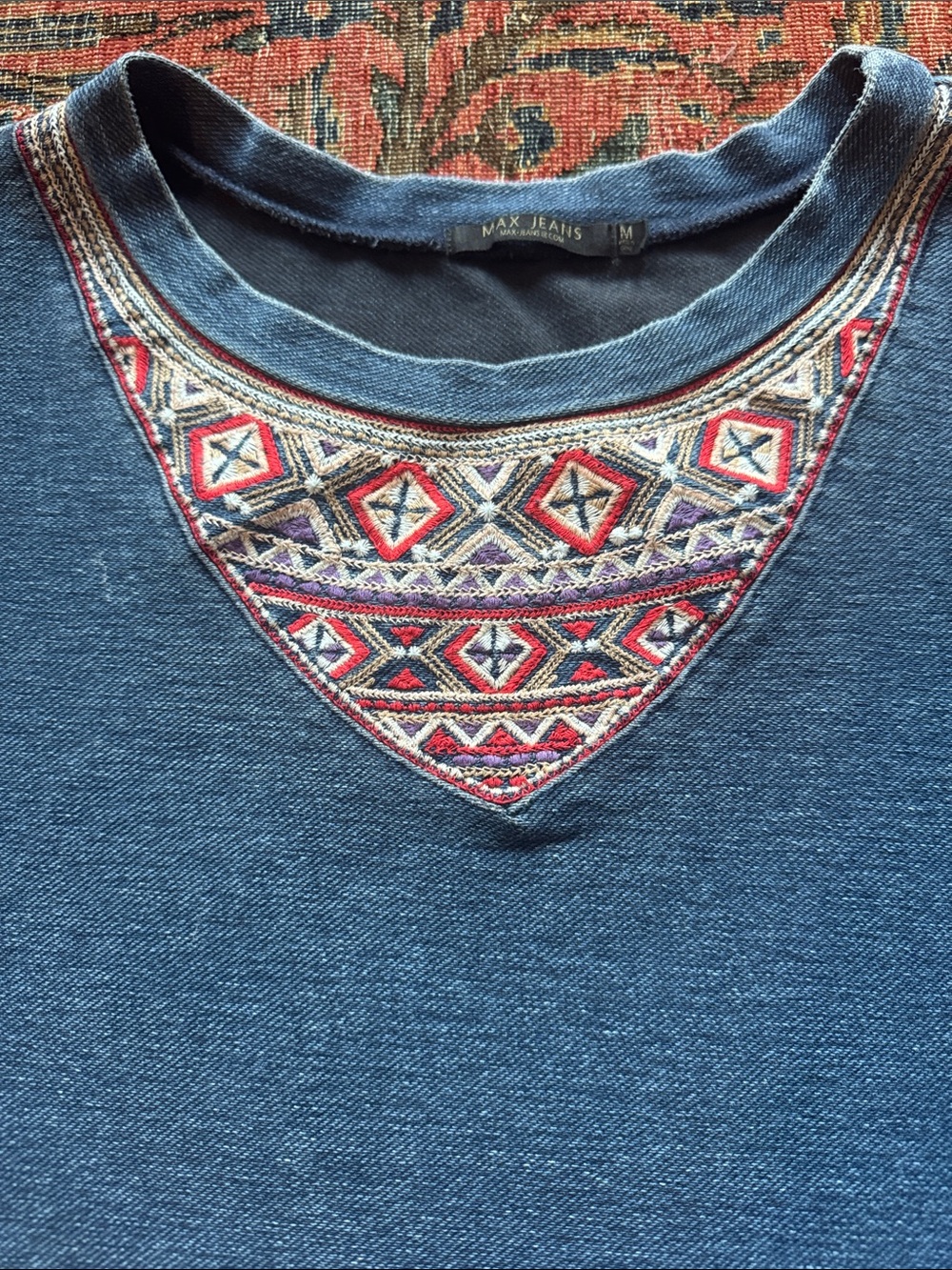 Max Jeans Blue Pullover with Colorful Embroidered neckline
